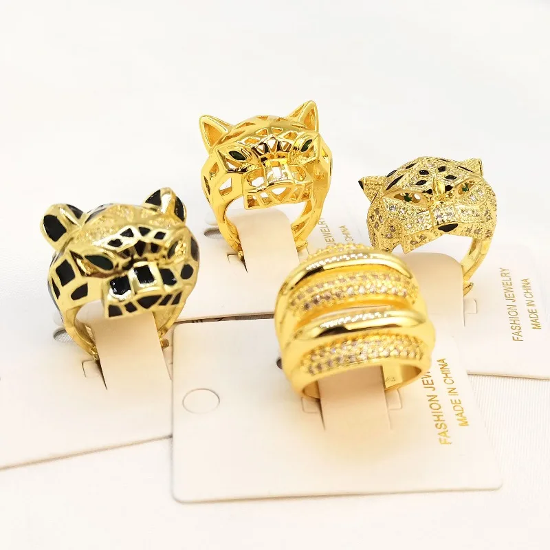 Bohemian Style Hip Hop Leopard Head Heavy Craft Ring 18K Gold Plated Zircon Inlaid Niche Personality Statement Jewelry for Women
