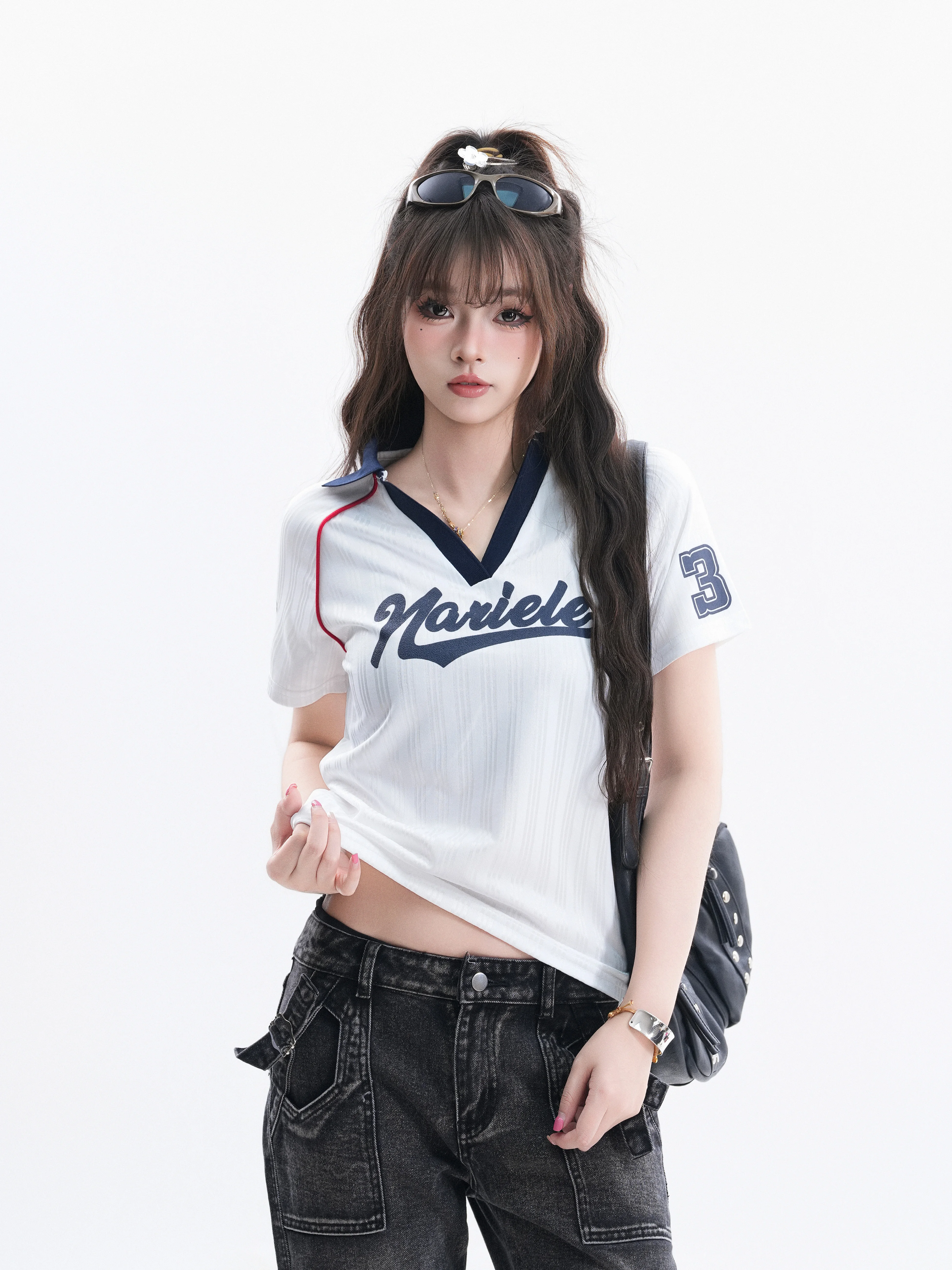

Slim Fit V-Neck Baseball Style Short Sleeve T-Shirt Women's Summer Fashion Casual Polyester Fiber Short Length Letter Pattern