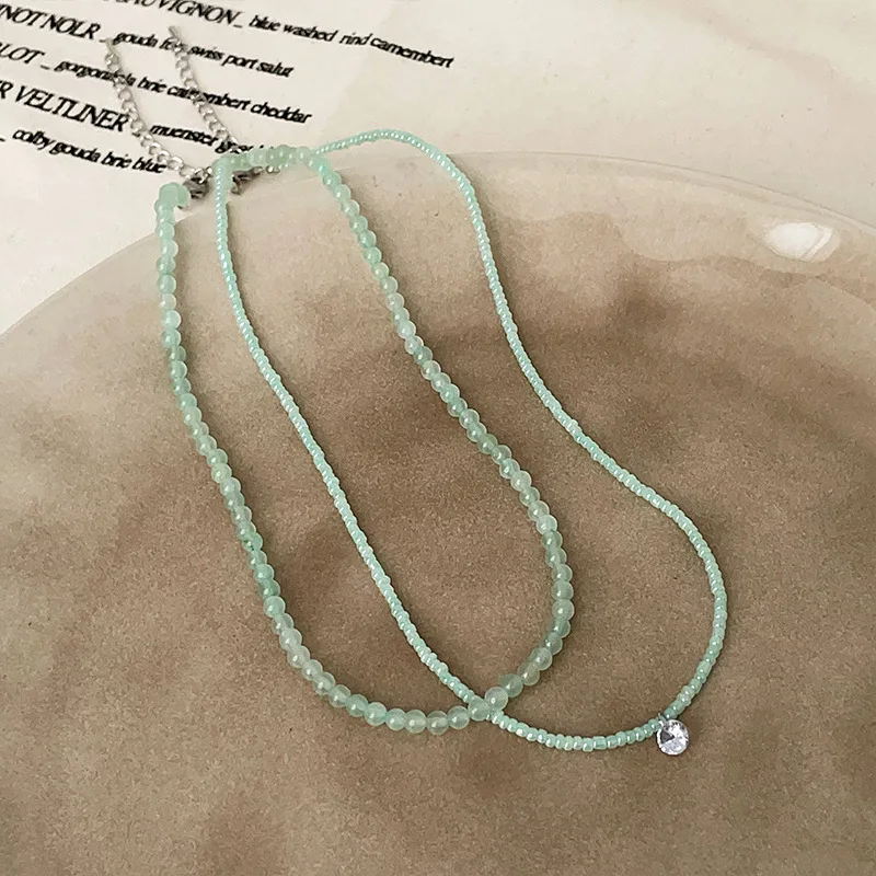 Minar 2026 Summer Shiny CZ Zircon New Green Color Natural Stone Beaded Pendant Necklace for Women Wholesale Strand Chain Chokers