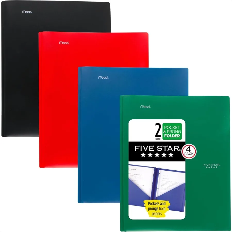 

2Pocket Folder 4 Pack Plastic Folder with Prong Fasteners Holds 81 2 x 11 Paper Black Fire Red Forest Green Pacific Blue 38140