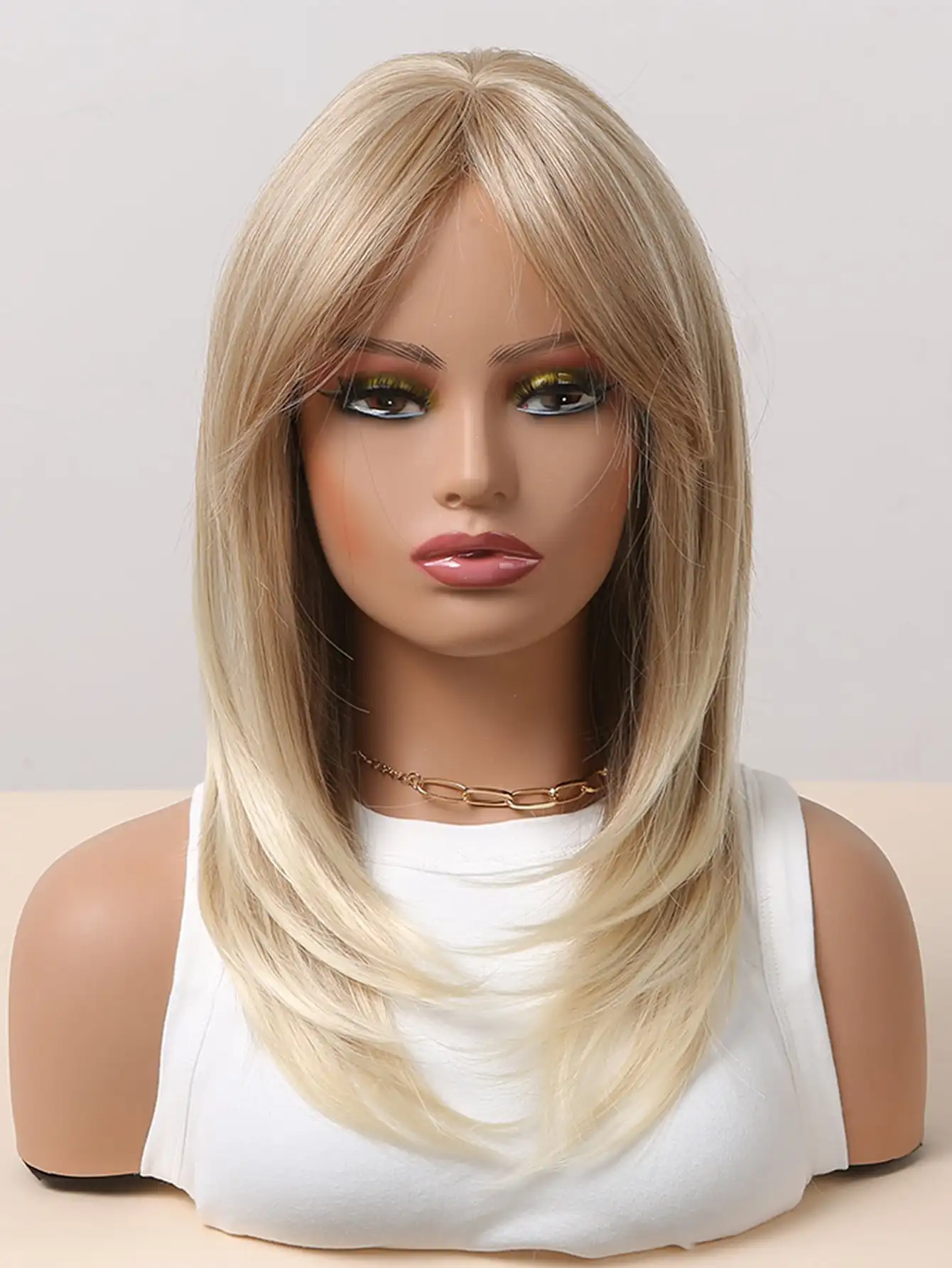 

Free Shipping on Orders Over $29Light Gold Medium Straight Synthetic Wig With Bangs Blonde Layered Hair Wig For Women Daily Party Music Festival Use