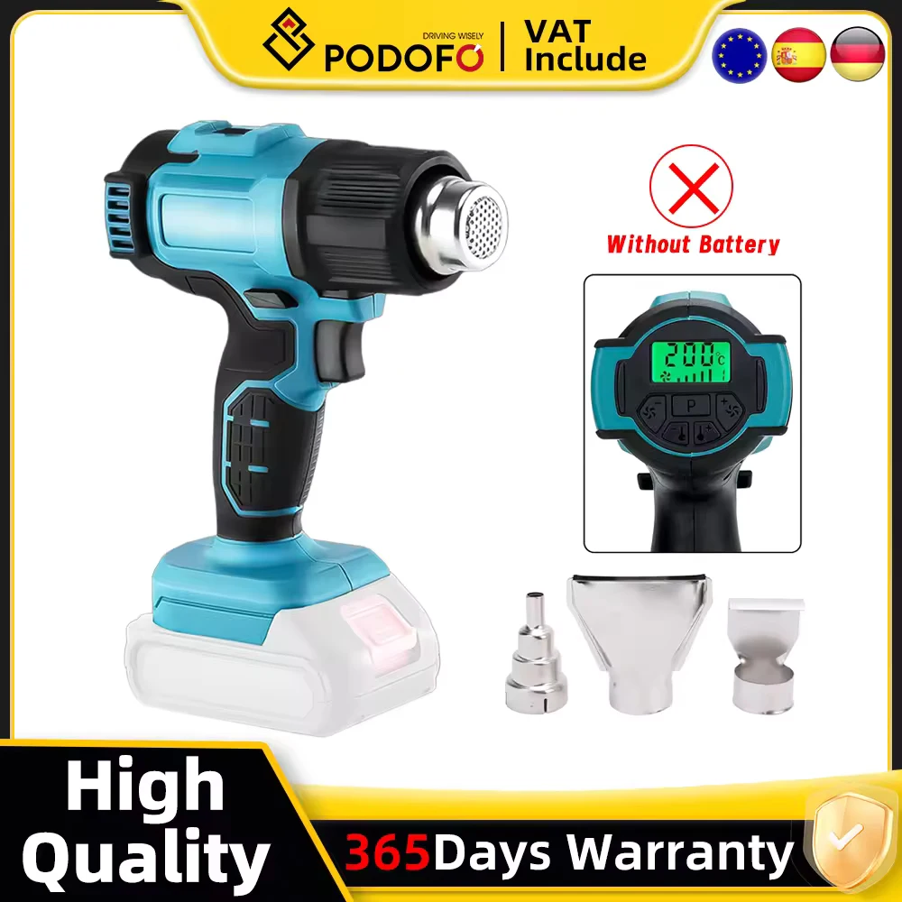 Podofo pistolet thermique sans fil brossé pistolet à Air chaud électrique Portable à 2 vitesses pour bricolage emballage rétractable températures de soudure réglables