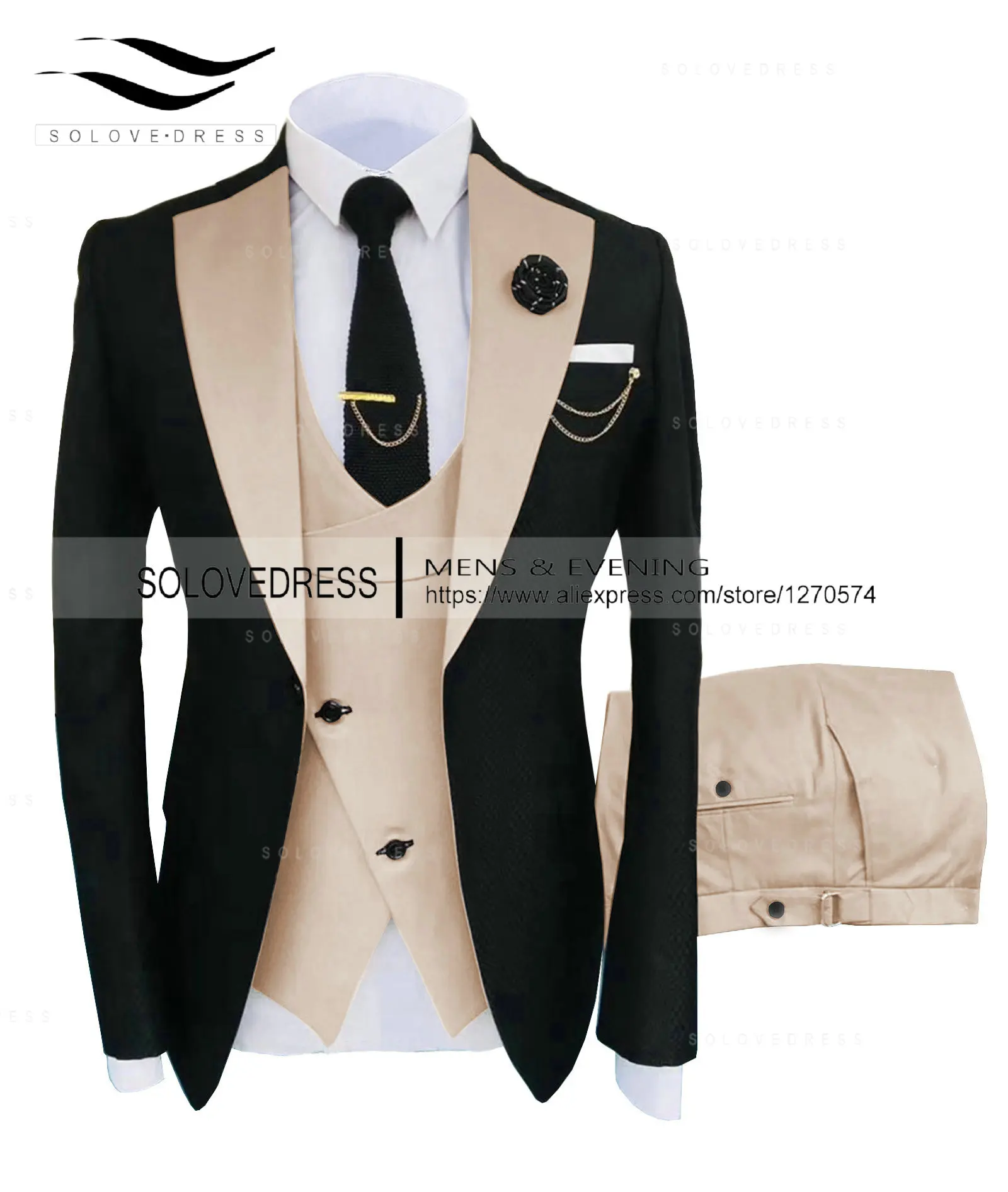 Wedding Suits Men Formal 3 Pieces Tuxedos Slim Fit Business Beige Suits Groom Champagne Tuxedos  Suit (Blazer+Pants+Vest)