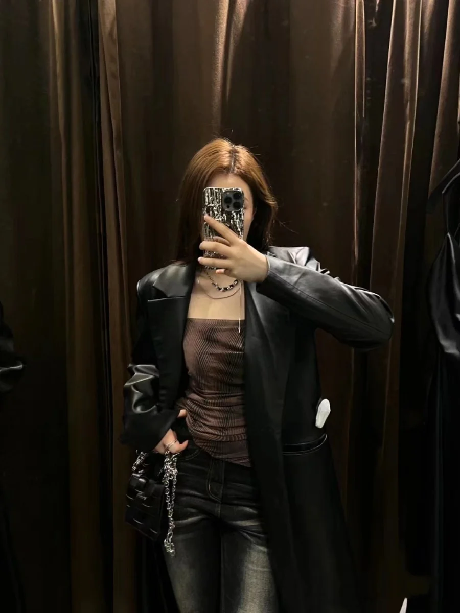 Bla Long Lapel Faux Leather Coat Women's Commute Sle Outerwear Autumn Winter New Arrival Ele Straight Cut PU Material