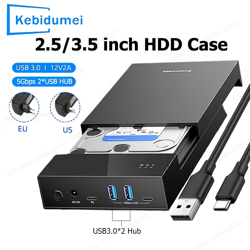 2.5/3.5 inch HDD/SSD Enclosure USB3.0 HUB Support 20TB USB Ports External Hard Drive Box for 3.5 2.5 Inch SATA SSD HDD Case