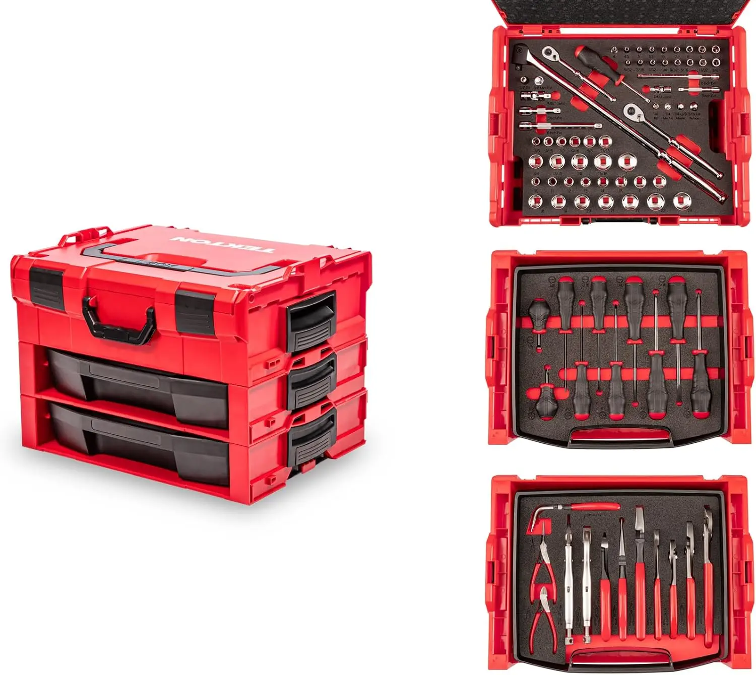 Tekton 1/4, 3/8 Inch Drive 6-Point Socket And Ratchet, Screwdriver, And Pliers Set In Modular Stacking Tool Box, 2-Drawer