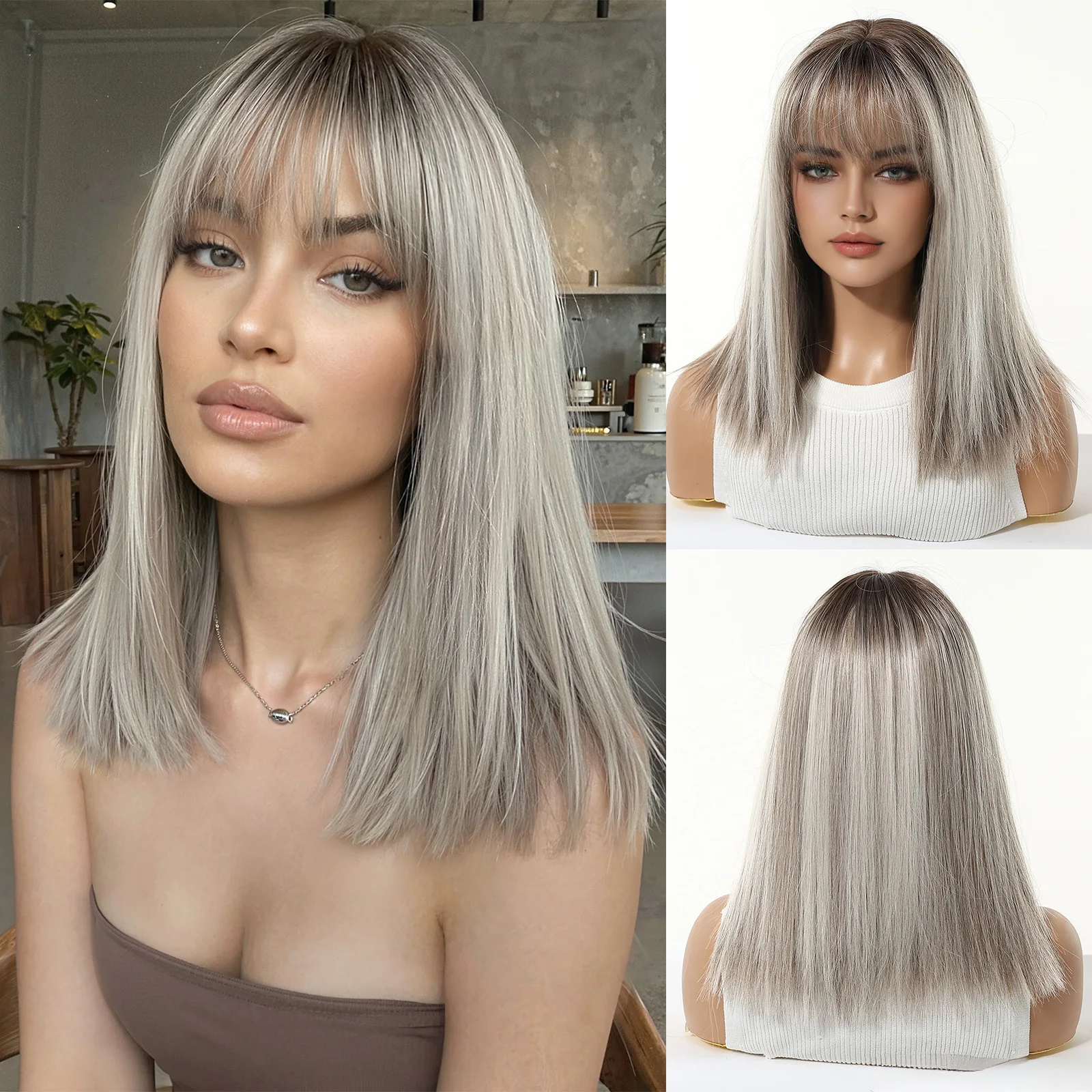 Silver Blonde Straight Wig with Bangs Shoulder Length Natural Look for Women Daily Fashion Synthetic Hair Heat Resistant