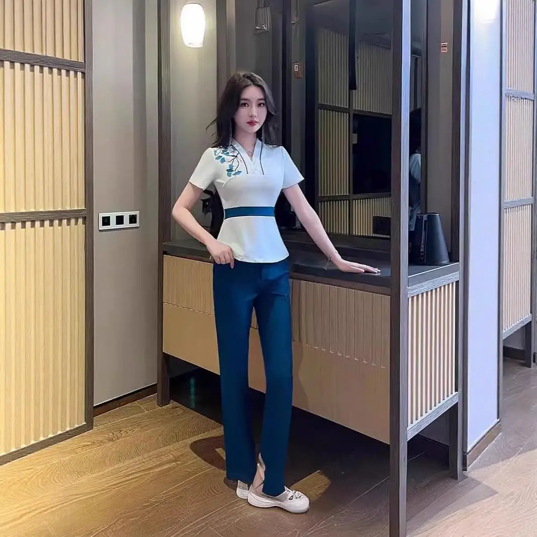 woman-work-clothes-suit-hotel-waiter-beauty-salon-spa-massage-nail-cafe-sexy-foot-bath-sauna-technician-overall-pants-uniform