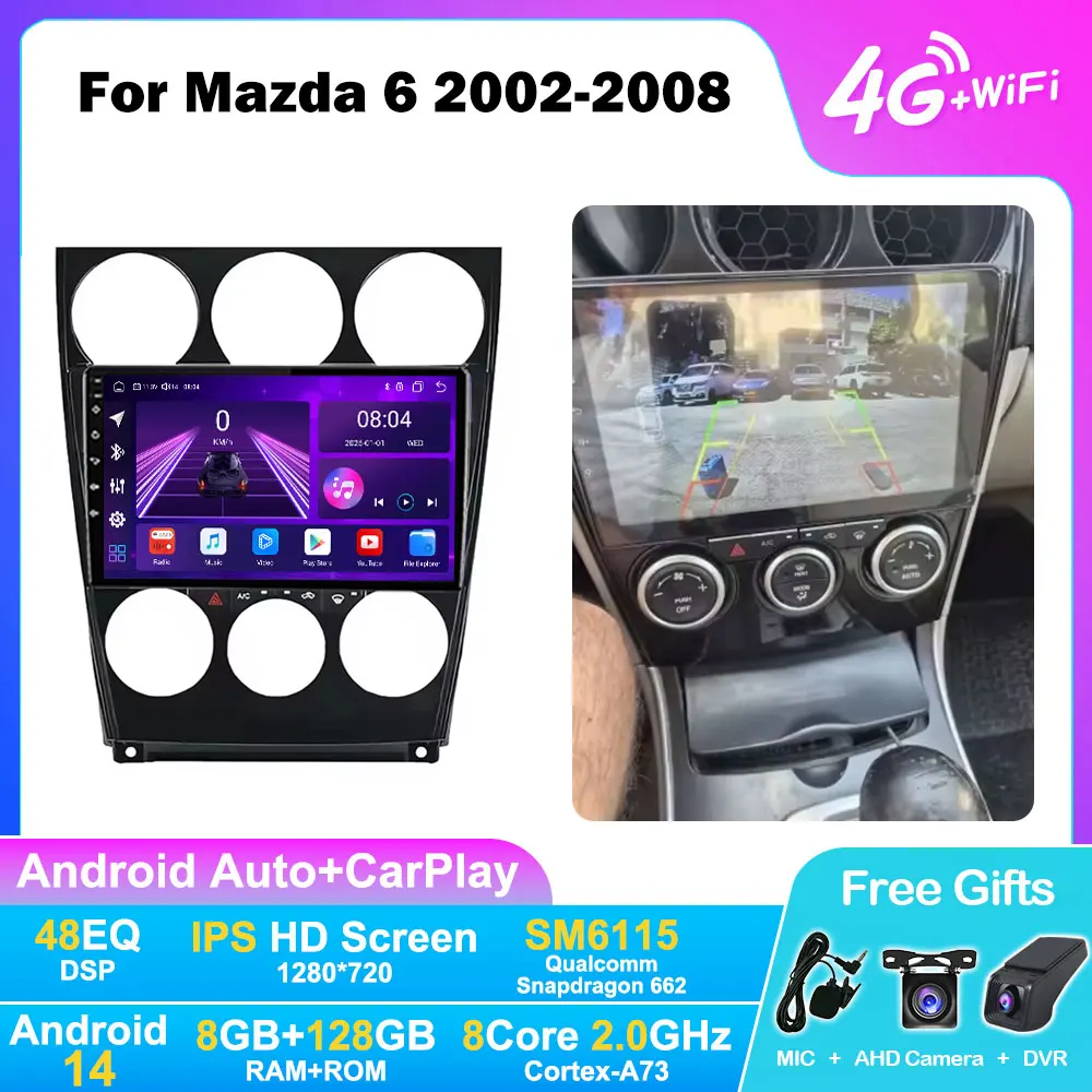 Android 14 Car Radio For Mazda 6 2002-2008 9inch Carplay Auto GPS Navigation 8Core Multimedia Player Intelligent Stereo 4G WiFi