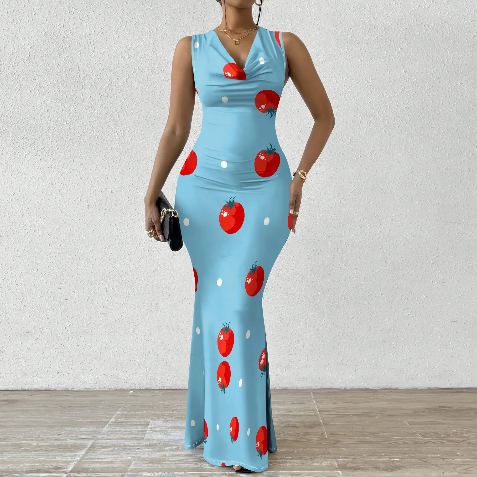 

Elegant Women's Sleeveless Bodycon Maxi Dress Cowl Neck Tomato Print Long Party Dresses