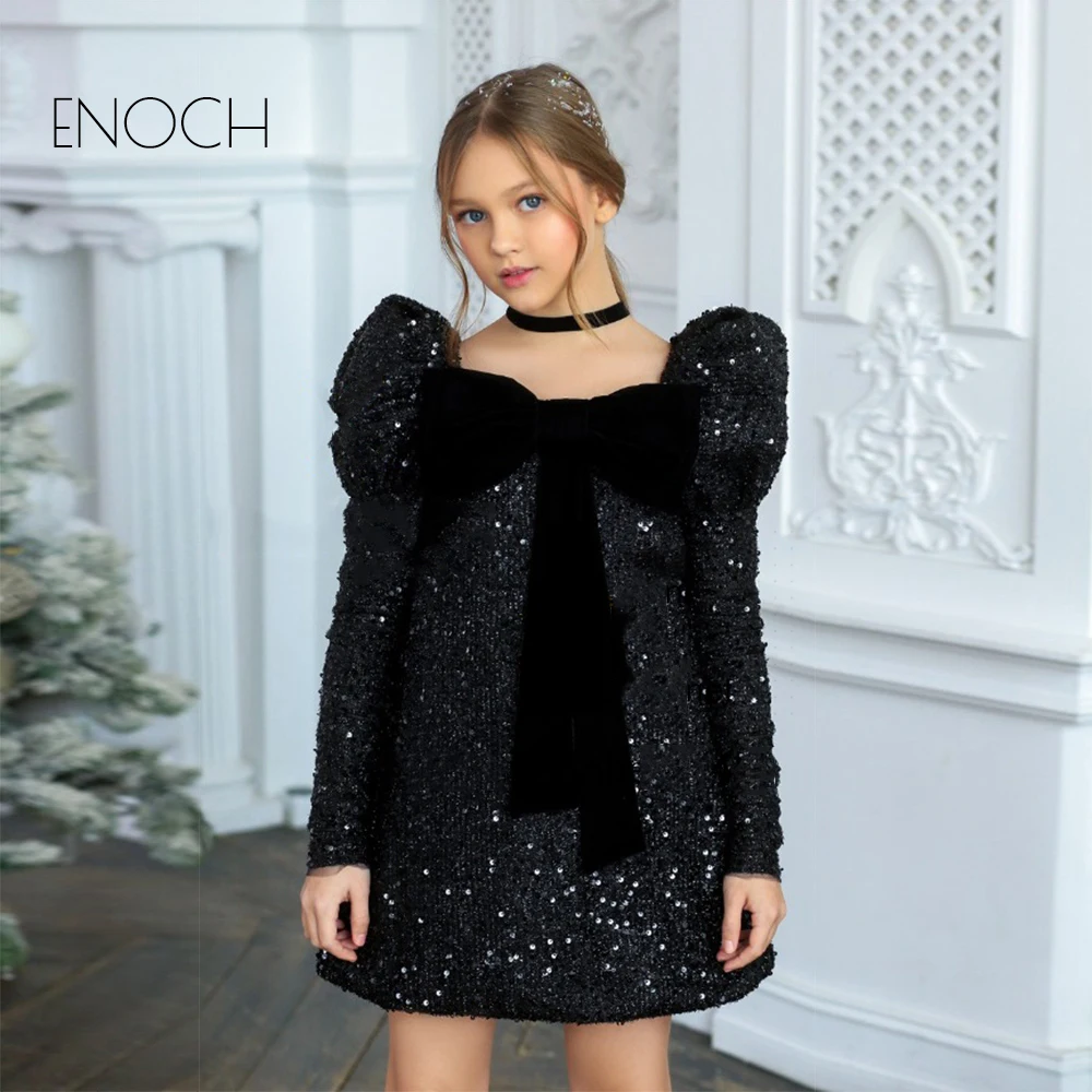 ENOCH-vestidos de flores para niña, ropa Formal de manga larga, cuello cuadrado, terciopelo, entrecruzado, hasta la rodilla, color negro, a la moda, novedad