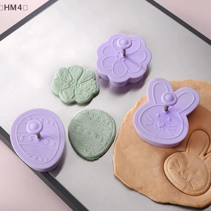 〔HM4〕3D Easter Cookie Cutters Set, Easter Fondant Biscuit Pastry Cookie Cutter Stamp, Spring Spring-Loaded Handle