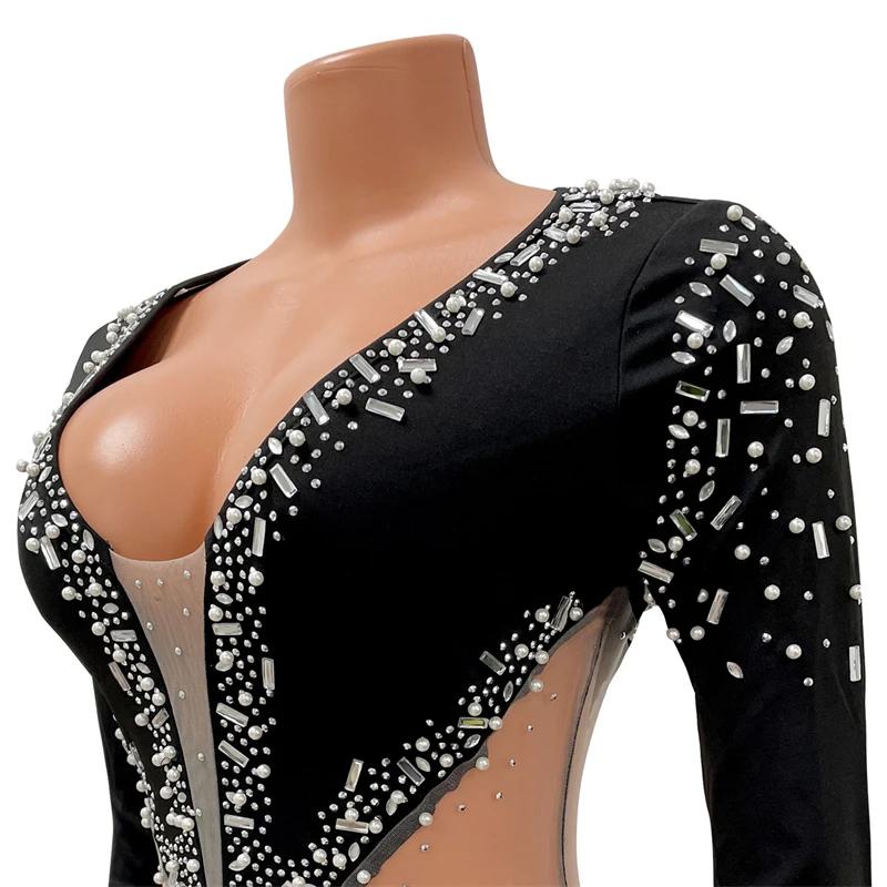 여성을위한 섹시한 다이아몬드 패치 워크 생일 드레스 파티 나이트 클럽 메쉬 쉬어 긴 소매 v 넥 Chirstmas Prom Bodycon 미니 드레스