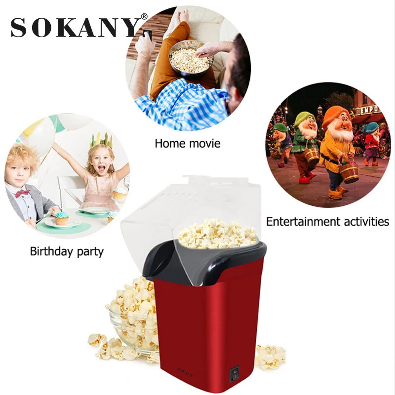 1 Sokany Plug 1200 W Domowa maszyna do popcornu z prostą obsługą, przełącznikiem przyciskowym, przezroczysta osłona, pusta konstrukcja