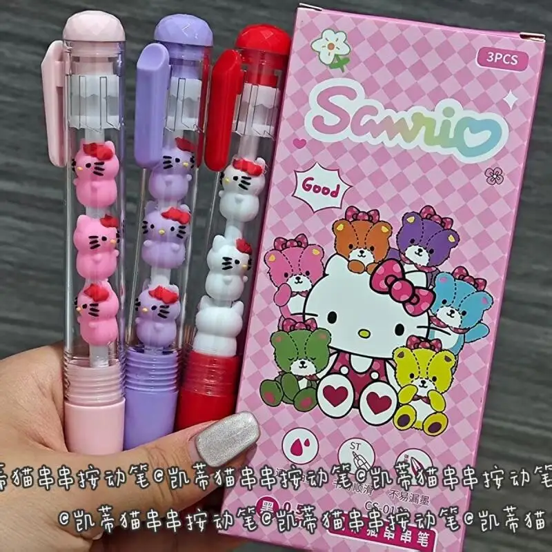 Lot de 3 stylos gel Hello Kitty Sanrio 0,5 mm noirs, style Ins, amusants et décompression, pour étudiants, fournitures scolaires, cadeaux