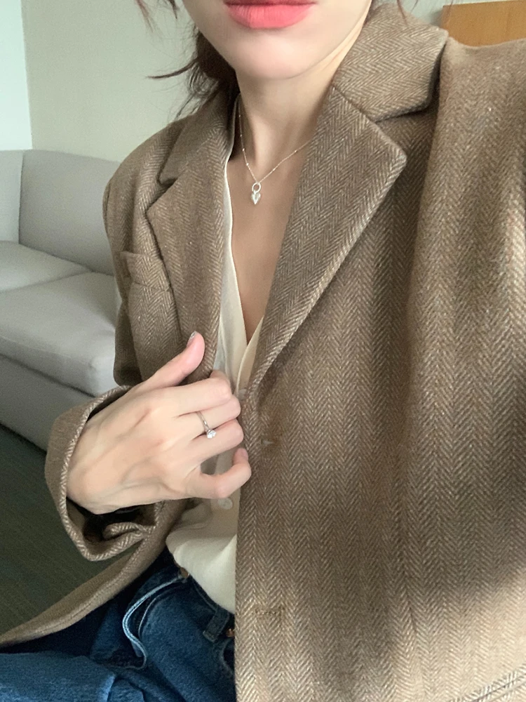 Vintage Herringbone Wool Suit Jacket Coat Single Breasted Loose Casual Elegant Jacket Coat Female 2024 Autumn Winter Coffee Grey