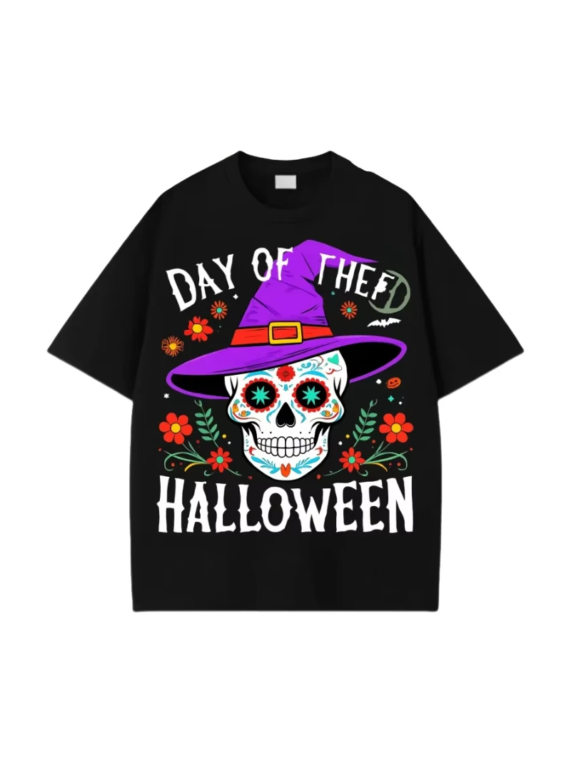أزياء الهالوين يوم الموتى تي شيرت قطني قابل للتنفس ومريح ملابس الشارع تي شيرت أسود للرجال والنساء تي شيرت