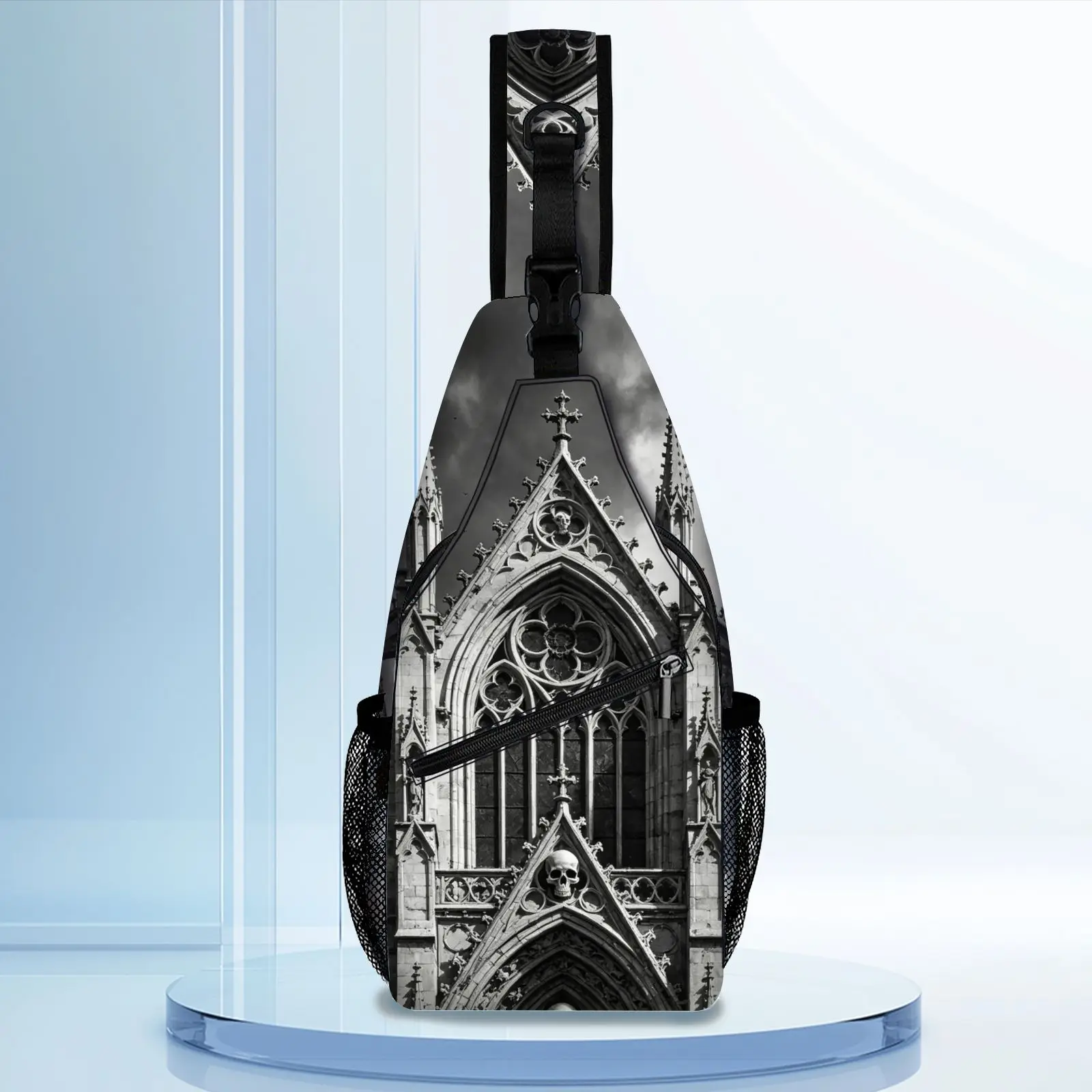1pc Vintage Black White Gothic Cathedral Skull Print Sling Chest Bag, Adjustable Strap Crossbody Backpack for Punk Goth Streetwe