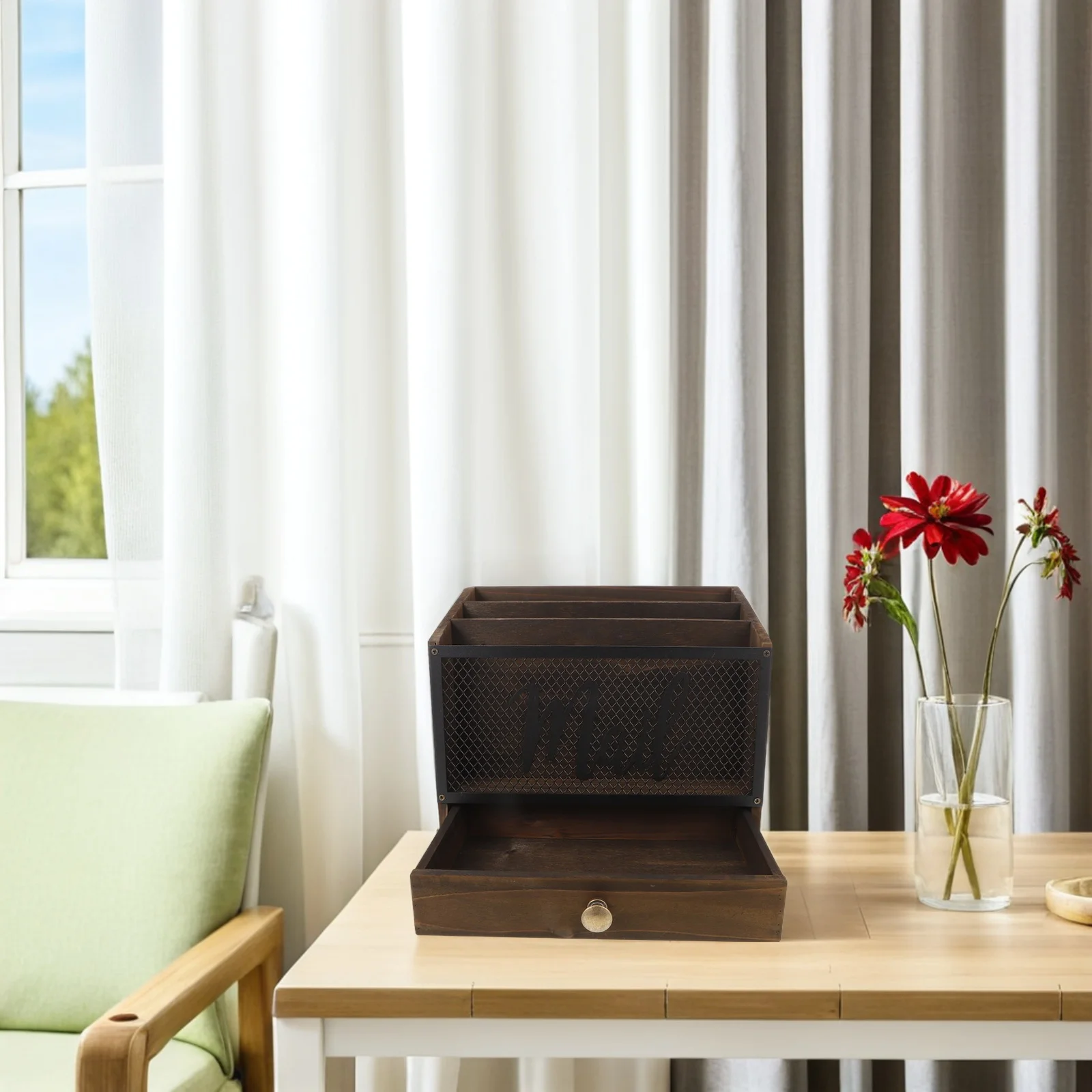 Vintage Style Wood Mail Sorter Drawer 3 Compartments Desktop File Organizer for Folders Mails Envelopes 11.4x10.22x5.89in