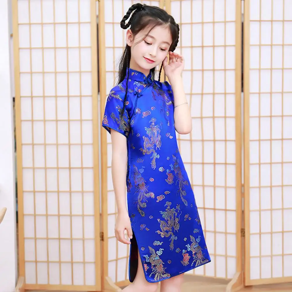 Kids Hanfu Dress Elegant Phoenix Print Split Dress Toddler Cheongsams Dress Summer Dresses Chinese Cheongsams For Girls Dresses