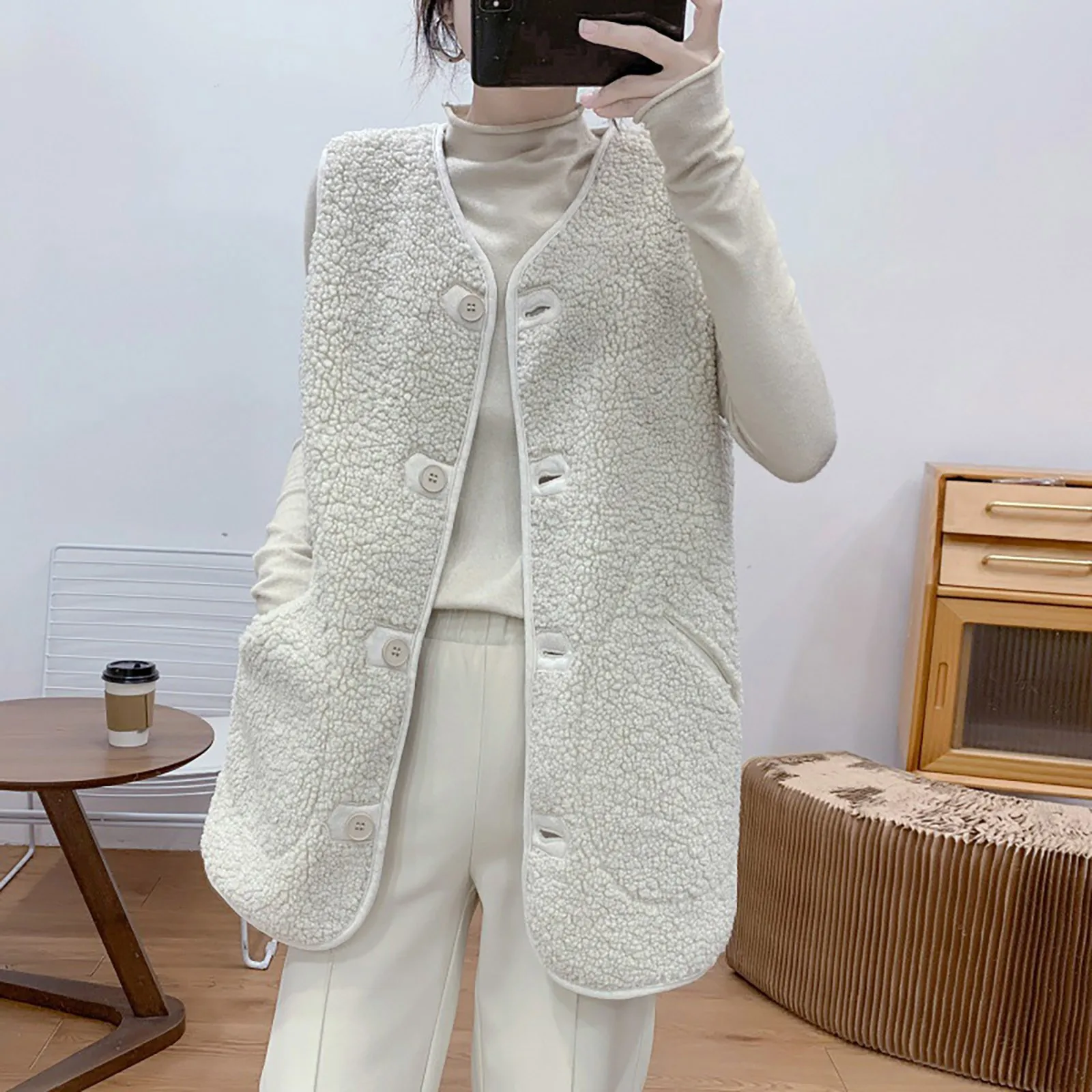 Women Autumn Winter Solid Plush Composite Vest Jacket Sleeveless Pocket Lamb Plush Medium Long Vest For Outerwear Warm Clothing