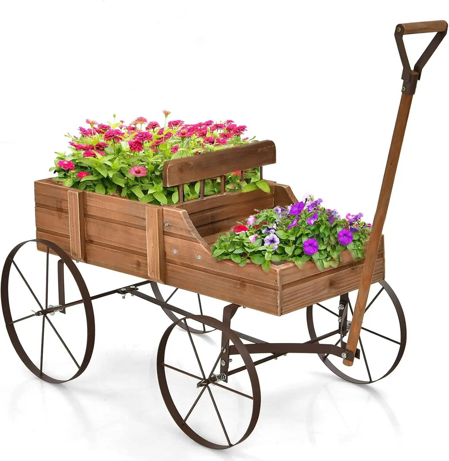 

Decorative Garden Planter, Small Wagon Cart with Metal Wheels, Wood Raised Beds Plant Pot Stand for Backyard Garden Patio 24.5"x