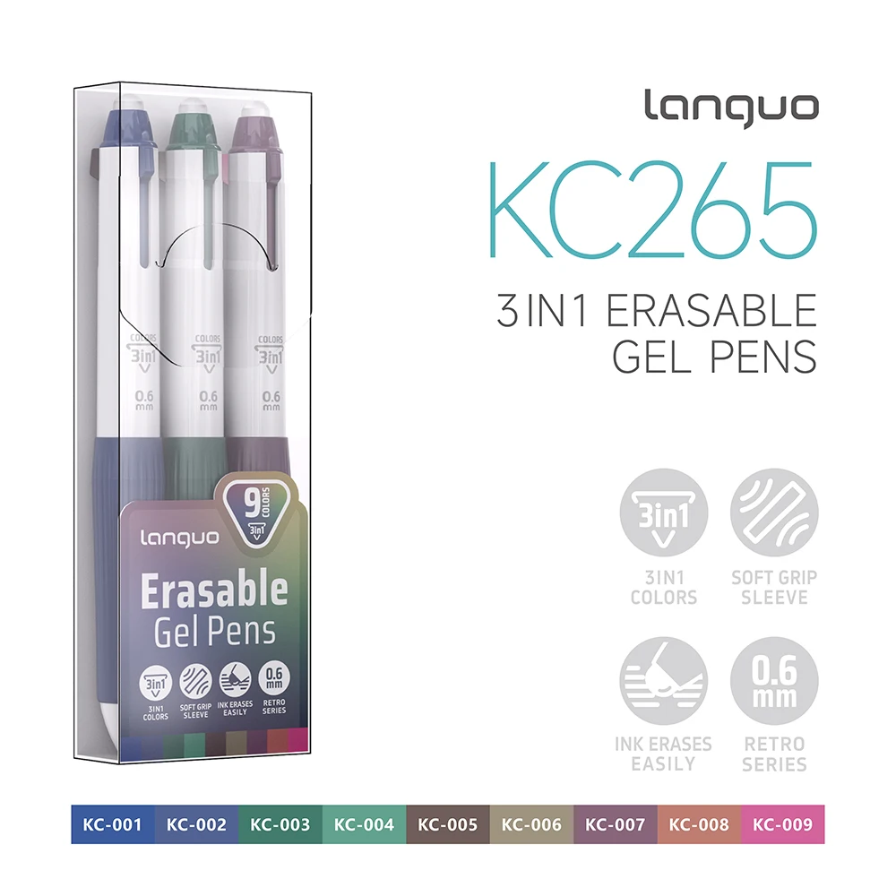 LANGUO uitwisbare multicolor pennen, 9/45 kleuren, 3-in-1 balpen, 0,6 mm fijne punt, soepel schrijvend, intrekbare balpen