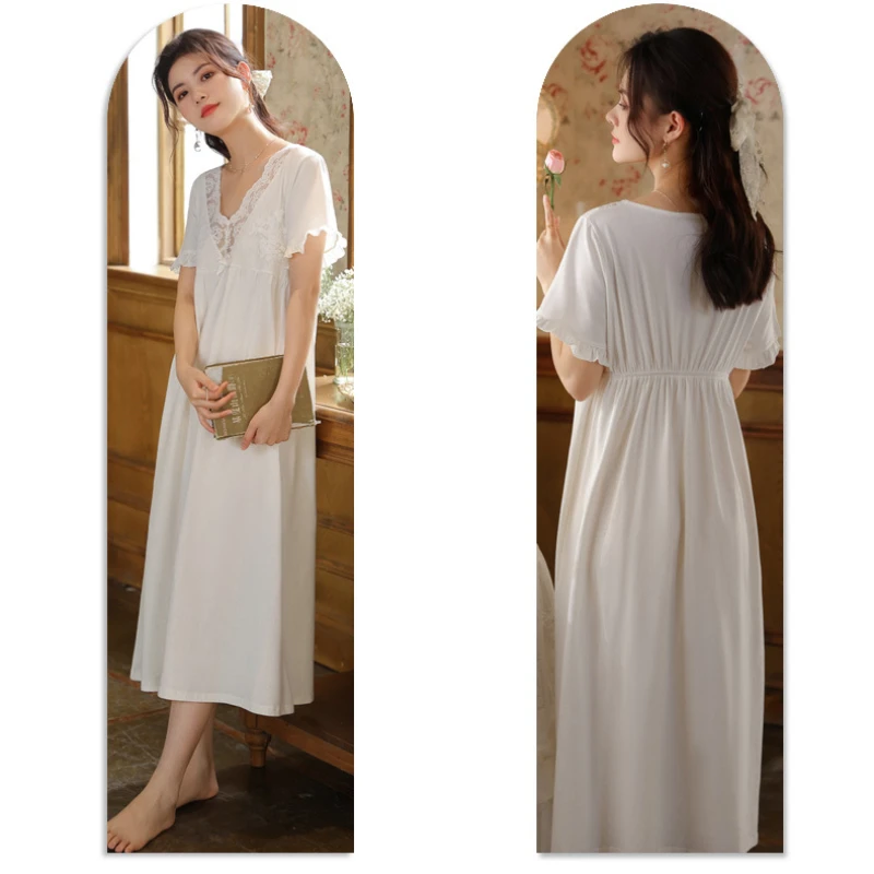 Sexy Lace V Neck Night Dress Women Cotton Sleepwear Short Sleeve Long Robe Loungewear Princess Nightwear White Vintage Nightgown