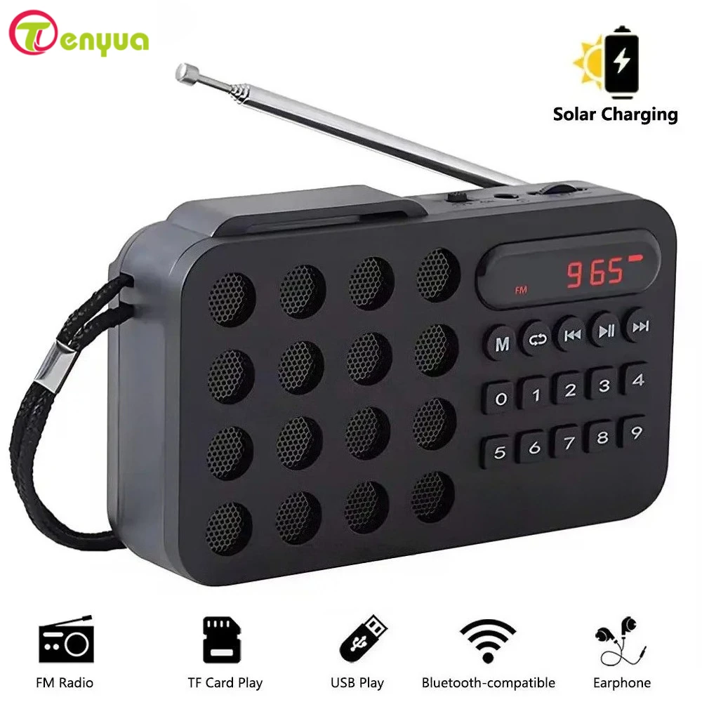Rechargeable Portable FM Radio Mini Solar Bluetooth Wireless Speaker Support USB TF Card MP3 Music Player with FM Radio Receiver