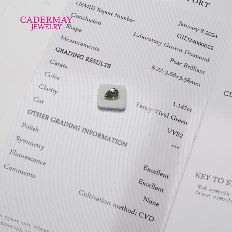 

In Stock GEMID Certificate CVD Green Diamond 1.147ct VVS2 Fancy Vivid Green Pear Shape Lab Grown Diamond For Jewelry Making