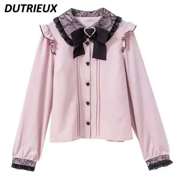 Long Sleeve Shirts Blouse Sweet Lace Lapel 2023 Spring Summer Lady Tops Japanese Style Lolita Lace Bow Casual Blouses for Women