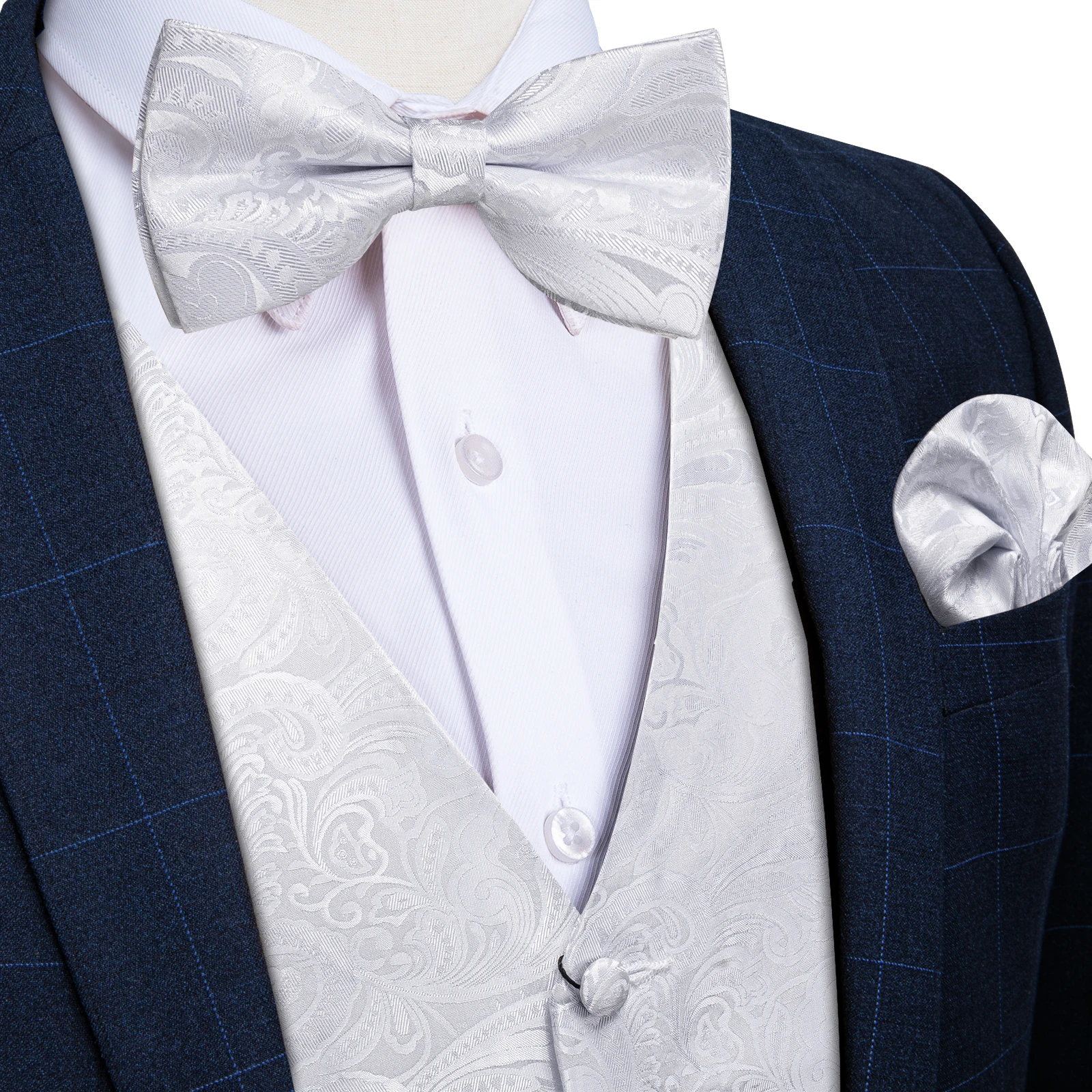 Chaleco blanco liso para hombre, conjunto de pajarita, gemelos y pañuelo, accesorios para boda, novedad