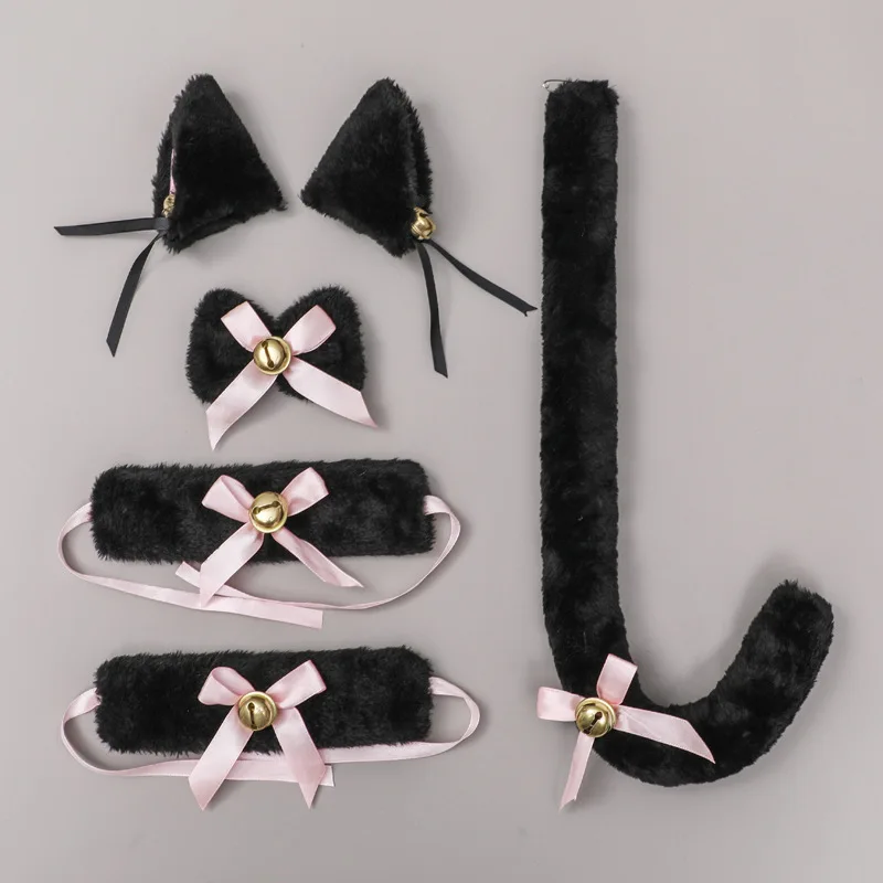 섹시한 플러시 칼라 팔찌 꼬리 5개 세트 귀여운 소녀 고양이 귀 머리띠 롤플레이 액세서리 태슬 헤드드레스 드레스업 세트
