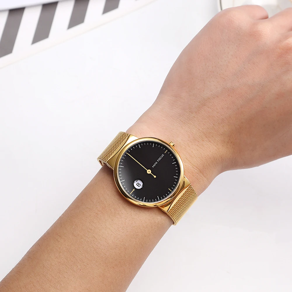 MINI FOCUS MF0182G Простые роскошные мужские кварцевые часы с золотой сеткой из нержавеющей стали, водонепроницаемые наручные часы