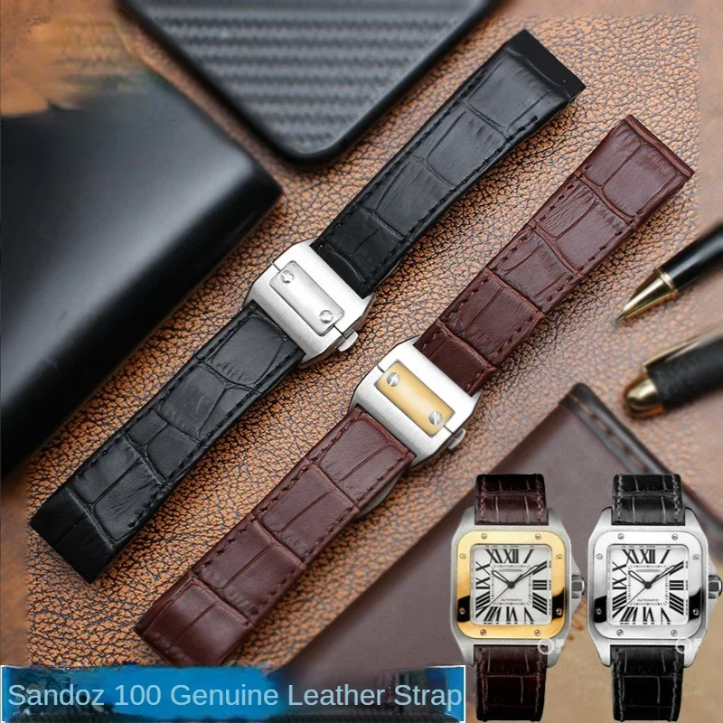 Genuine Leather Watch Strap for Cartier Sandoz Santos 100 Men's Women's Waterproof Sweatproof Watch Band 20mm 23mm Wristband