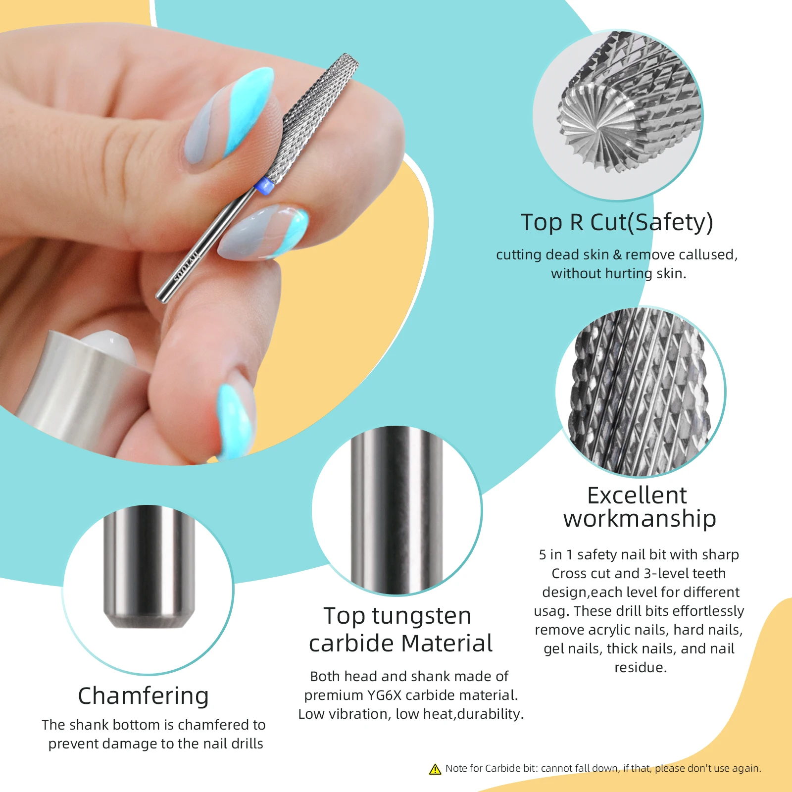 HYTOOS 24mm Super Long 5 in 1 Punte da trapano per unghie Accessori per molatura elettrica con fresa in carburo per manicure a croce bidirezionale