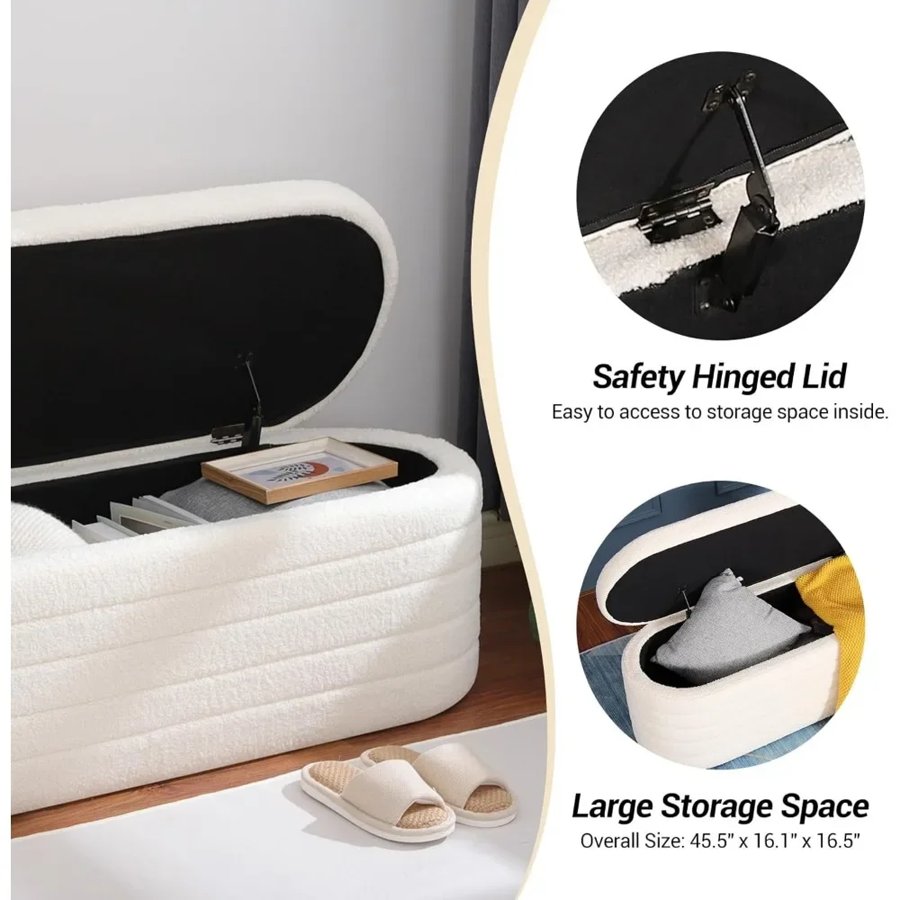 45.5" Teddy Sherpa Storage Ottoman Bench, Upholstered Fabric | Modern White Bedroom End-of-Bed Design with Safety Hinge