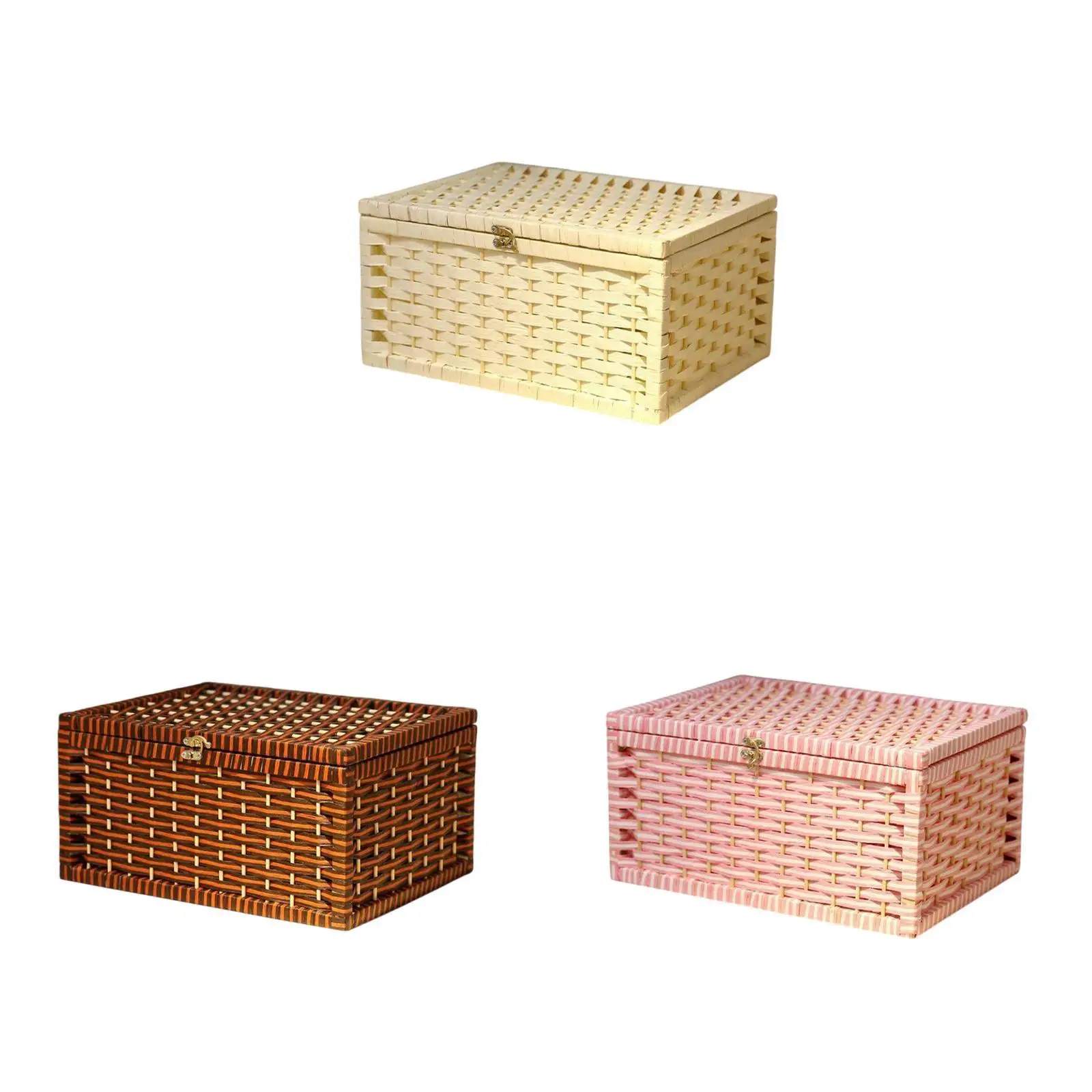 Storage Basket with Lid Household Multipurpose with Lock Handwoven Organizer Case for Blanket Underwear Home Desktop Room