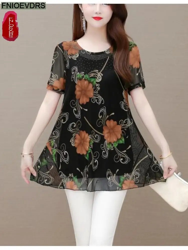 2022 Summer Short Sleeve Loose Lazy Clothes Floral Women Vintage Blouses Long Shirt Female Casual Peplum Tunic Retro Sequin Tops