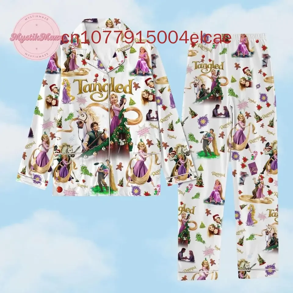 2024 New Disney Princess Pajama Set 3D Printed Casual Men's and Women's Long Sleeve Shirt Pajama Set