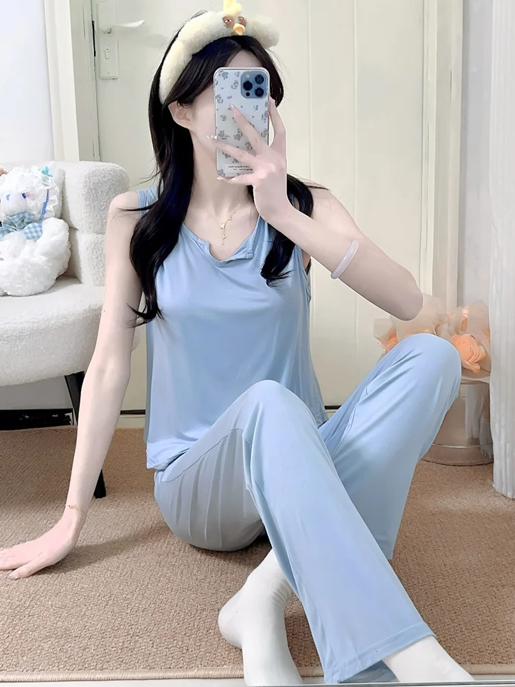 

Modal Sleeveless Home Clothes Set for Women Summer Thin V-neck Long Pants Two-piece Set Color plus Size Sleepwear