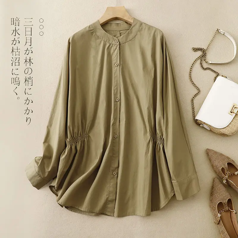 High-end Vintage Stand-up Collar Shirt Women Slim Single-breasted Loose Design Blouses Long Sleeve Tops Spring Summer Outerwear