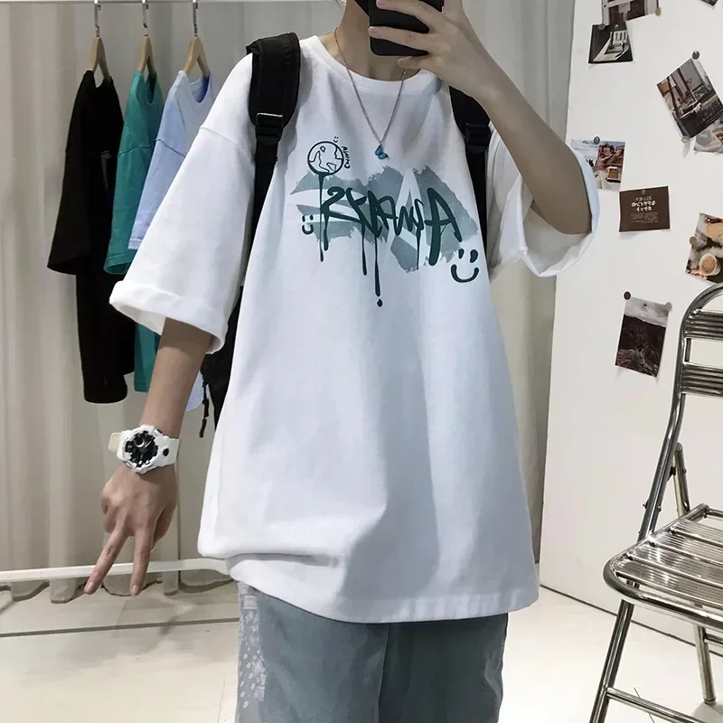 Cotton Short-sleeved Oversized T-shirt For Men In Summer Harbor Style Ins Fashion Brand Fire Letter Five-point Sleeve Streetwear