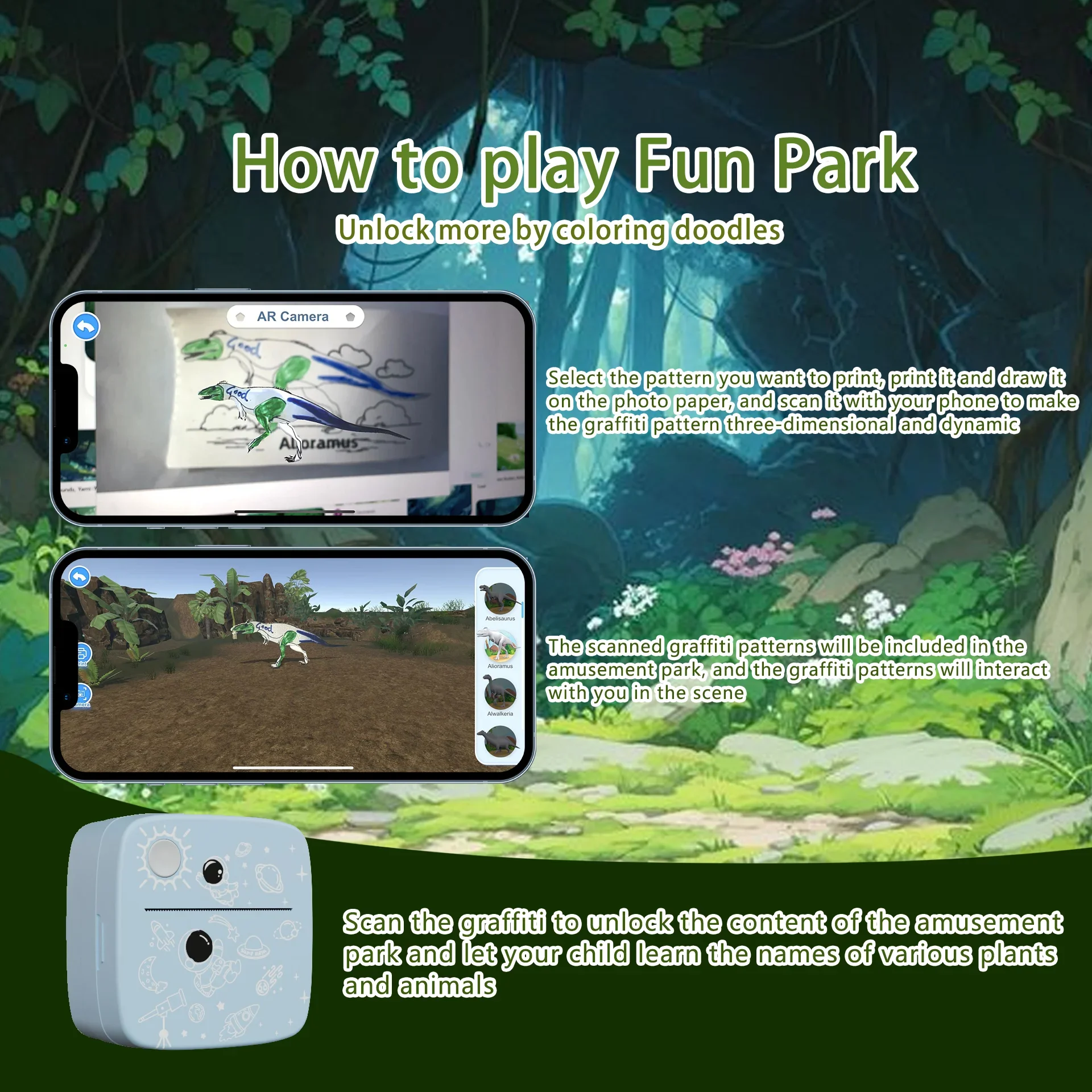 Kids AR Portable Printer Thermal Paper Stickers Paper Mini Portable Printer Thermal Printing Pocket Printer Photo Printers Toys