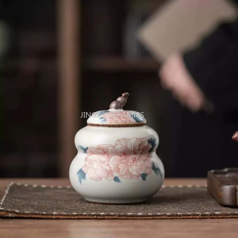Ceramic Gourd Tea Jar Portable Powder Storage Tank Sealed Coffee Bean Jar Chinese Style Lipstick Jar Tea Ceremony Accessories