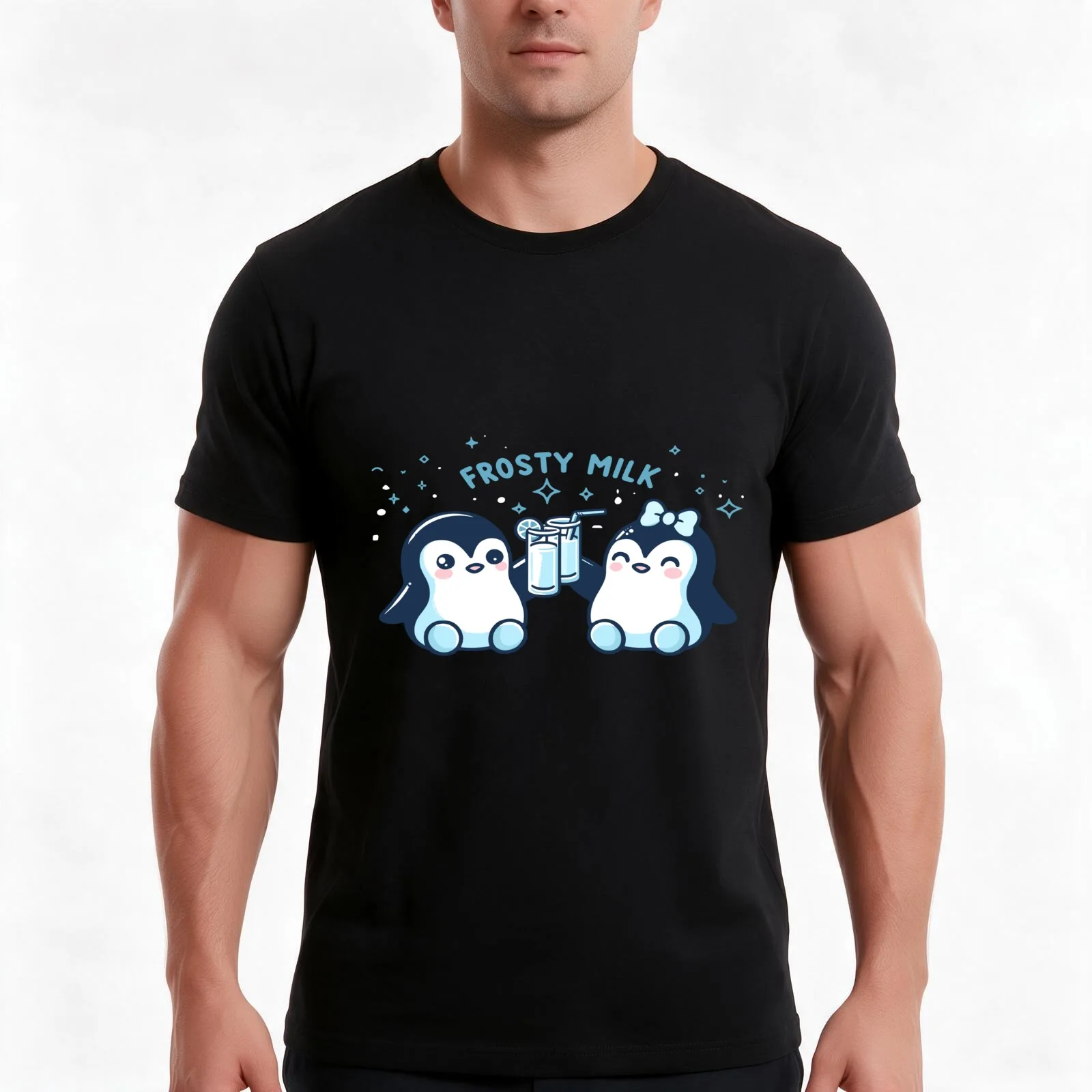 Cute Penguins Frosty Milk T-Shirt, Summer Casual Cotton Tee, Oversized Streetwear Tops, Vintage Graphic Print, Unisex Men Women