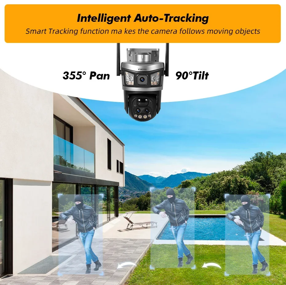 FUERS 6MP 10X 4G Солнечная камера с двумя объективами Уличная камера IP-камера Обнаружение человека с солнечной панелью Камера безопасности с батареей V380