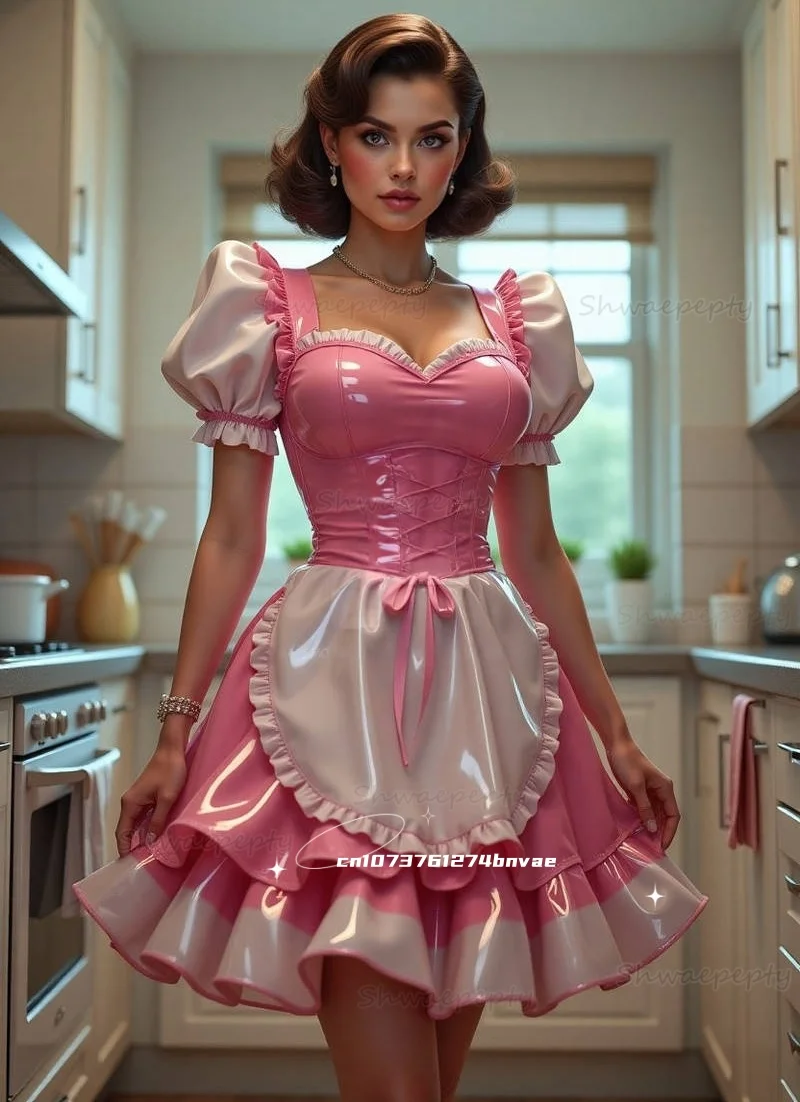 Shiny Pink PVC Maid Cosplay Party Dress Puff Short Sleeves Mini Prom Dress Special occasion Costume Customized 2026 image 2