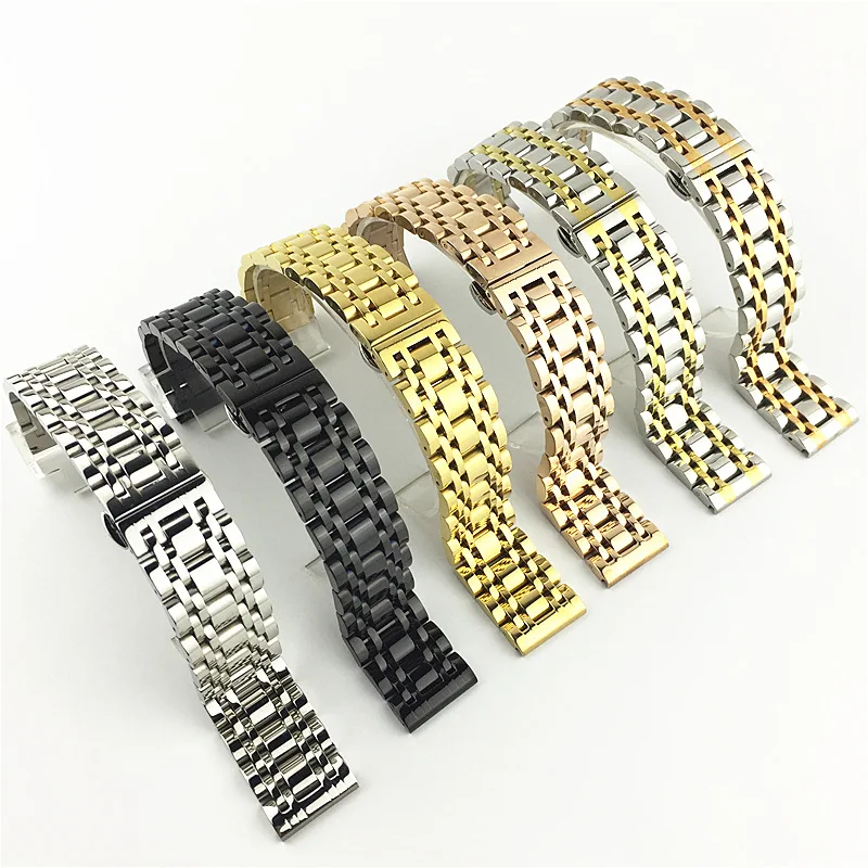 Custom Logo Universal Solid Stainless Steel Watch Strap 7 Links Flat End Replacement Band Butterfly Buckle