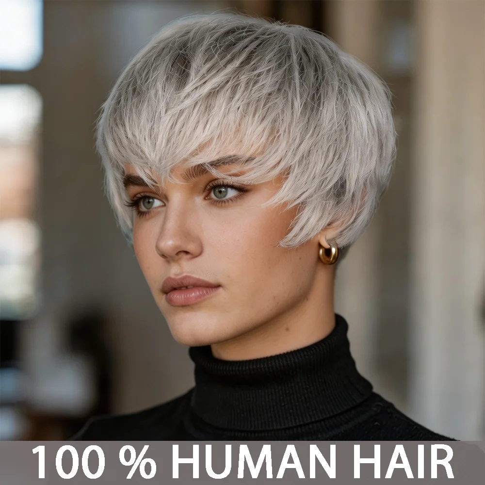 

Pixie Cut Human Hair Wig Short Grey Layered Pixie Cut Curly Wigs With Bangs Natural Brazilian Human Hair Full Machine Made Wig